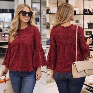 COCO + JAIMESON RED BURGANDY LACE BELL SLEEVE BLOUSE BOHO ROMANTIC TOP NWT SMALL